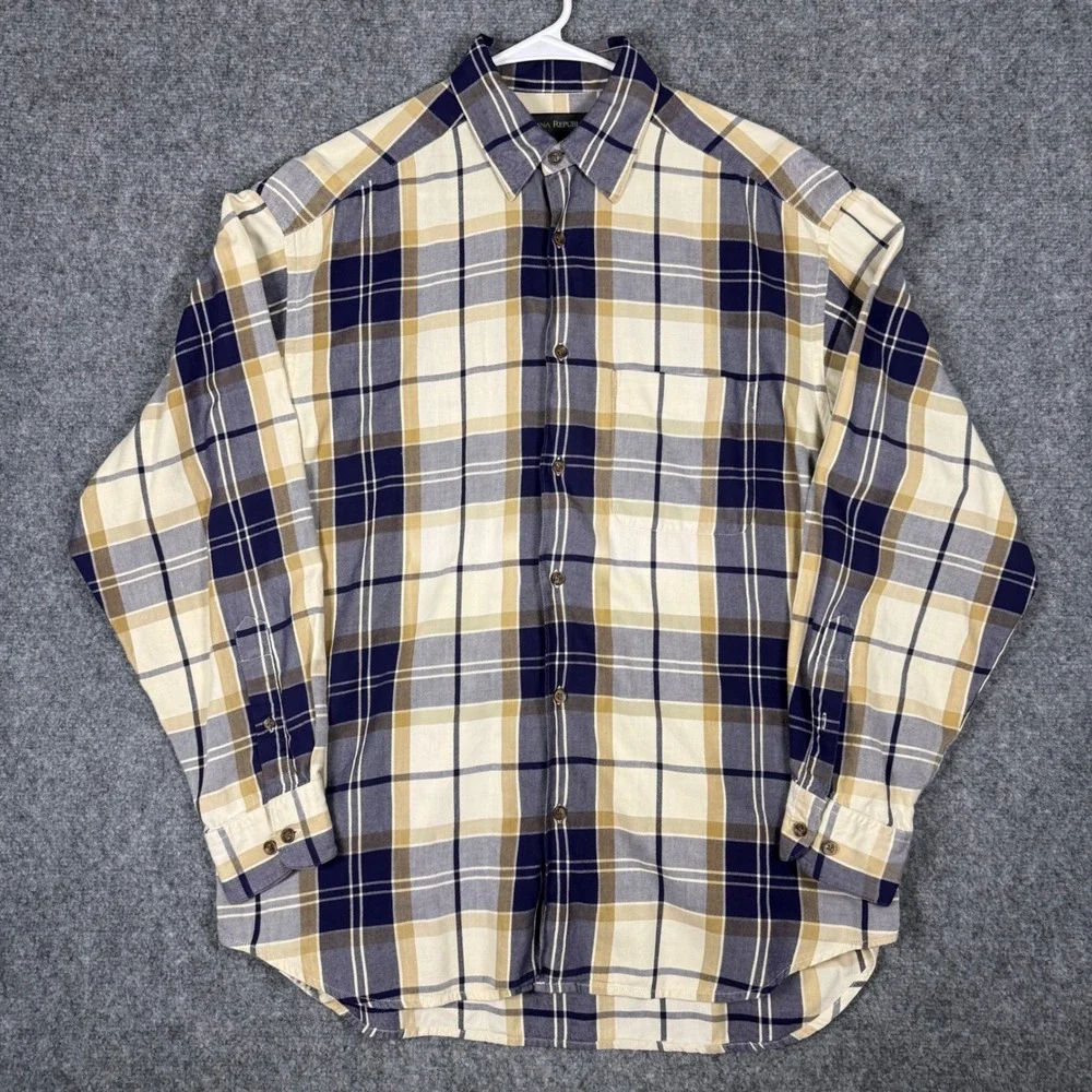 Vintage Banana Republic Plaid Flannel Shirt Men's Medium Blue Tan Long Sleeve